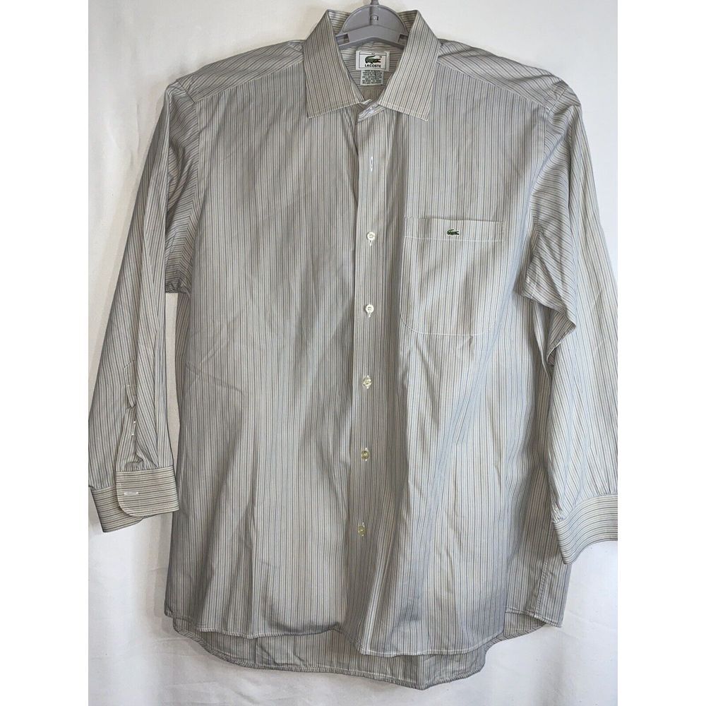 Lacoste Mens Size 42 LS Striped Button Down chest pocket Shirt Tan.‎